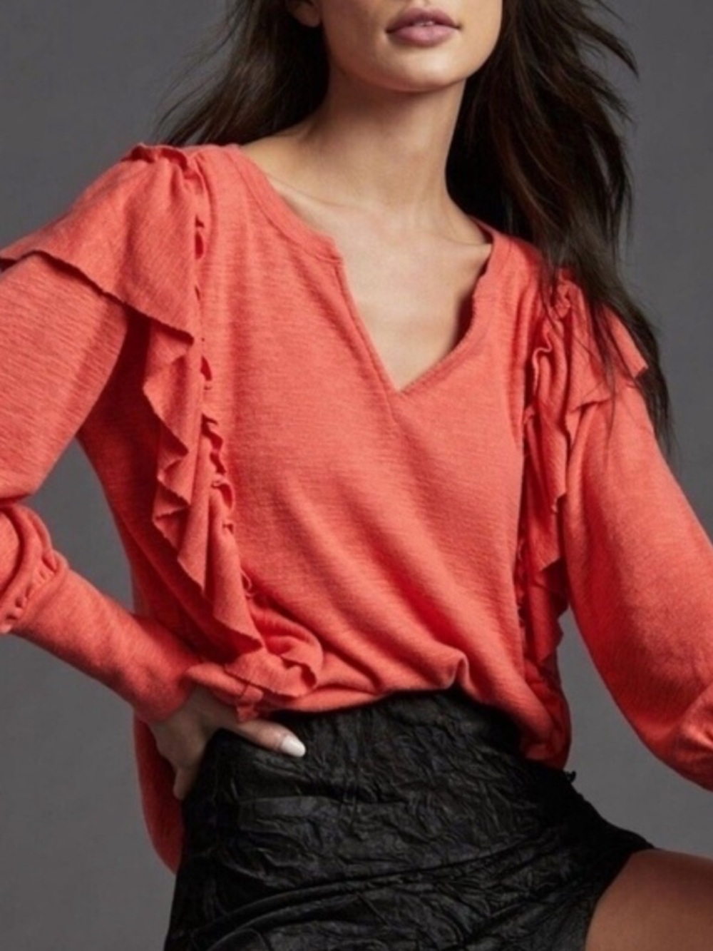 Anthropologie Pilcro Coral Ruffle V-Neck Top